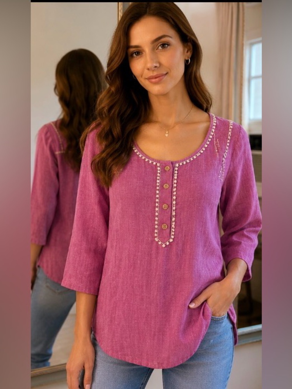 Eddie Bauer Y2K Women’s Plum Embroidered Linen Boho Top Size Small